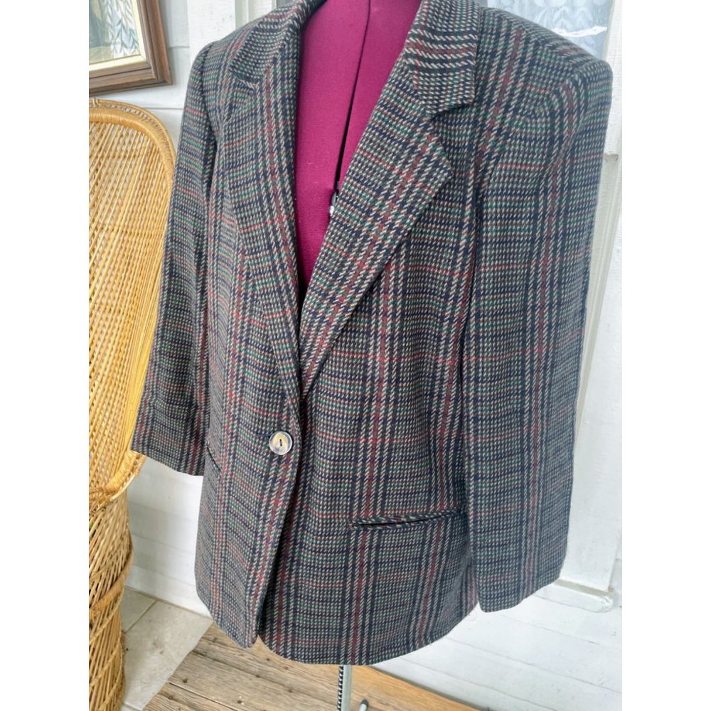Vintage 1990s Hounds Tooth Plaid Wool Blend Womens Blazer 14 Petite - Picture 4 of 12